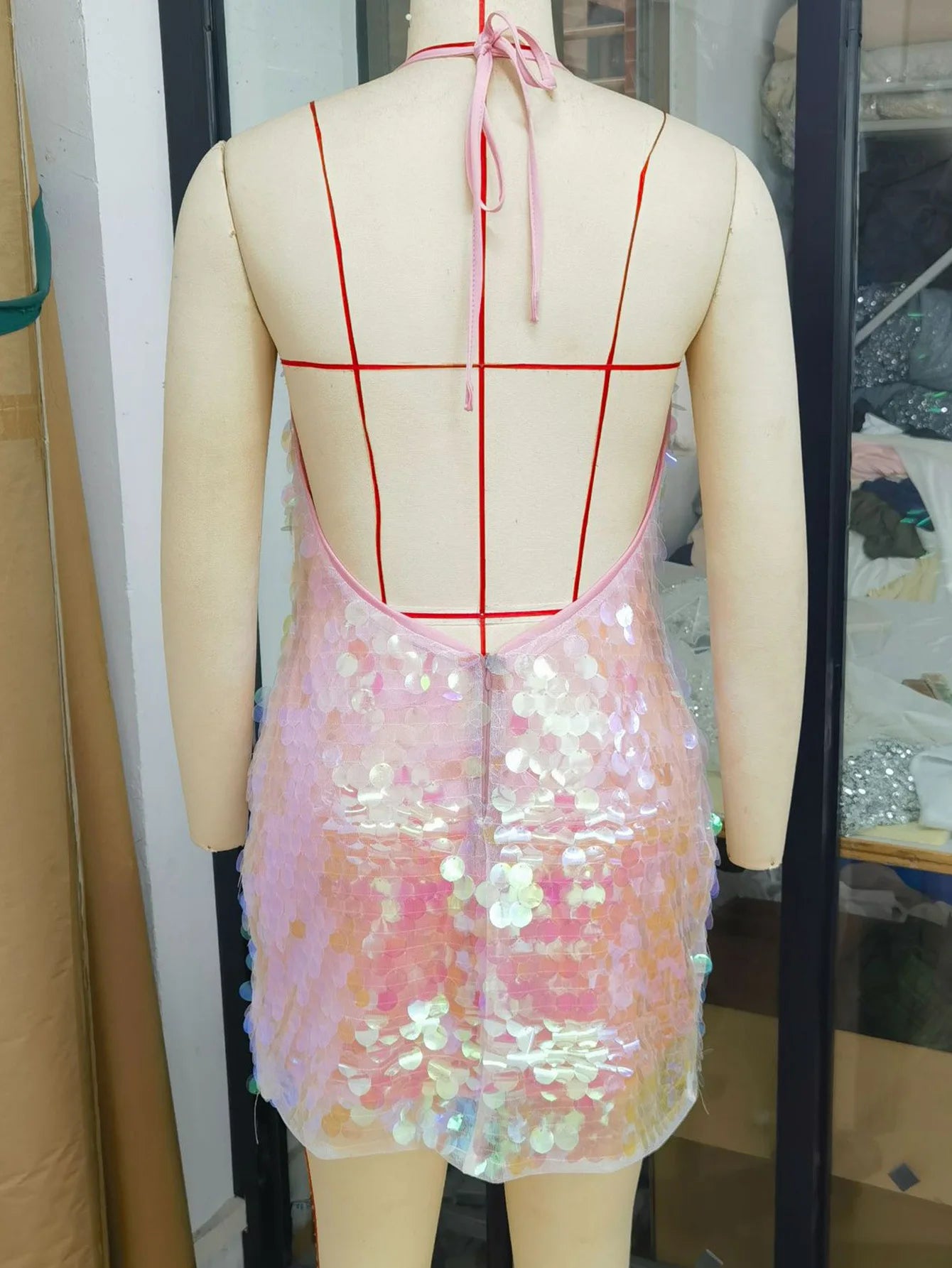 Pink Sequin V-Neck Bodycon Dress