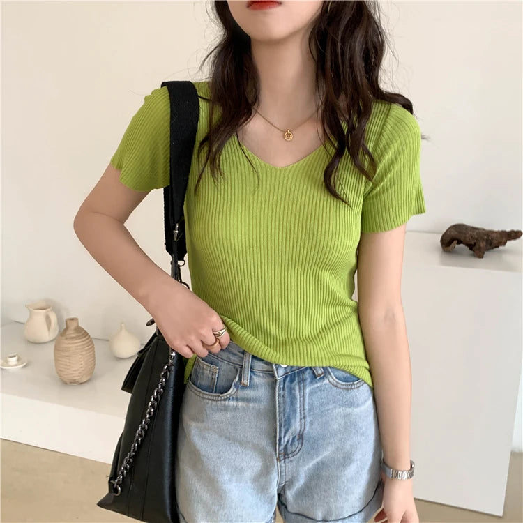 AOSSVIAO 2025 V-neck Solid Thin Summer Pullover Women Sweater Female Knitted Ribbed Sweater Slim Short Sleeve Bodycon Sweater