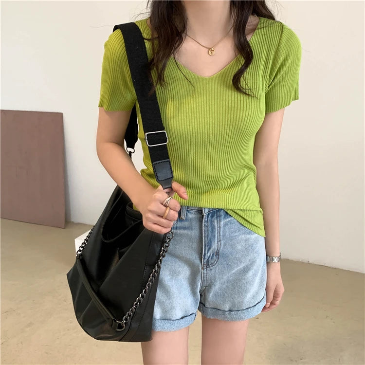 AOSSVIAO 2025 V-neck Solid Thin Summer Pullover Women Sweater Female Knitted Ribbed Sweater Slim Short Sleeve Bodycon Sweater