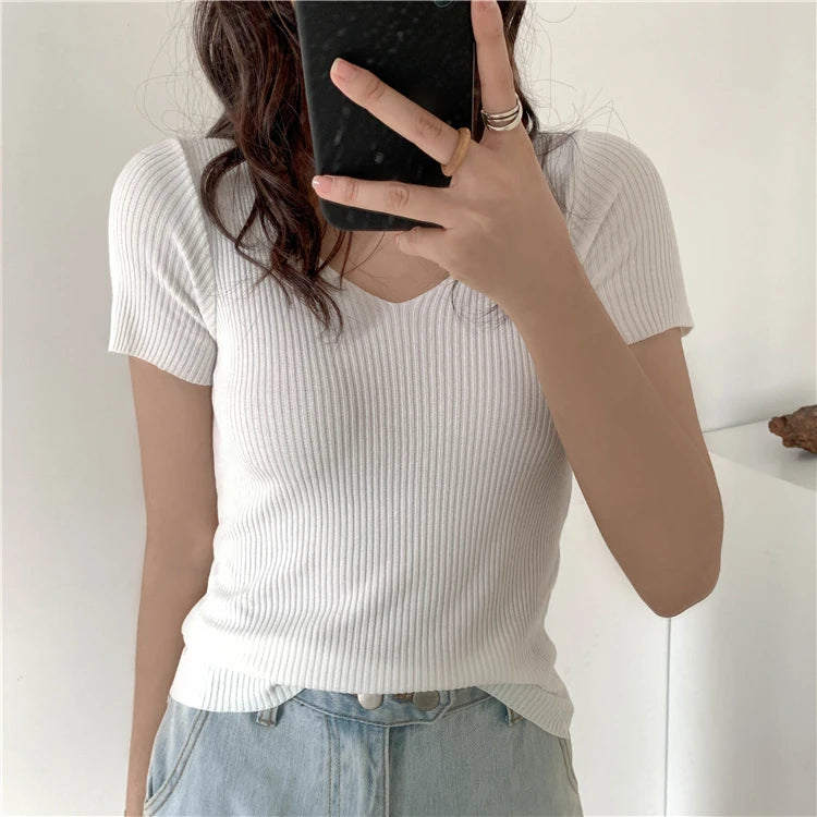 AOSSVIAO 2025 V-neck Solid Thin Summer Pullover Women Sweater Female Knitted Ribbed Sweater Slim Short Sleeve Bodycon Sweater