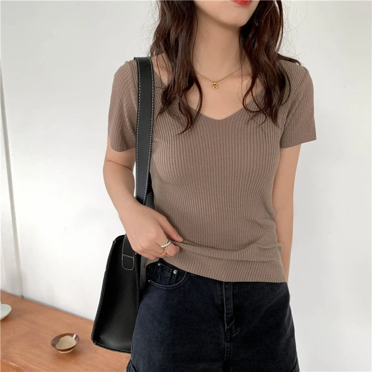 AOSSVIAO 2025 V-neck Solid Thin Summer Pullover Women Sweater Female Knitted Ribbed Sweater Slim Short Sleeve Bodycon Sweater