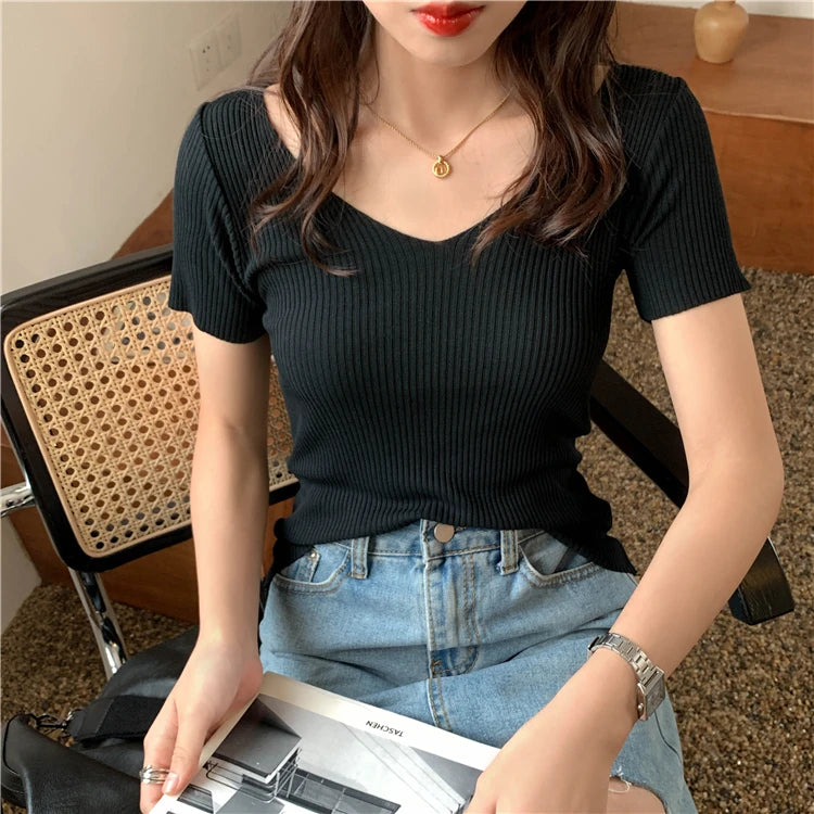 AOSSVIAO 2025 V-neck Solid Thin Summer Pullover Women Sweater Female Knitted Ribbed Sweater Slim Short Sleeve Bodycon Sweater