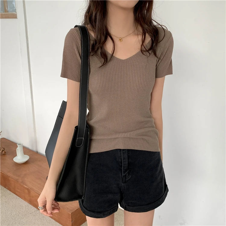AOSSVIAO 2025 V-neck Solid Thin Summer Pullover Women Sweater Female Knitted Ribbed Sweater Slim Short Sleeve Bodycon Sweater