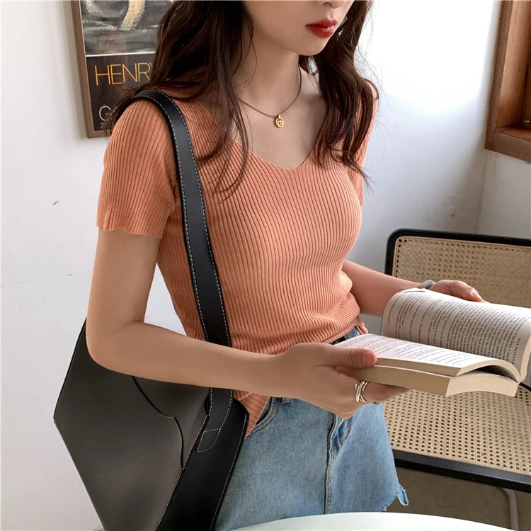 AOSSVIAO 2025 V-neck Solid Thin Summer Pullover Women Sweater Female Knitted Ribbed Sweater Slim Short Sleeve Bodycon Sweater