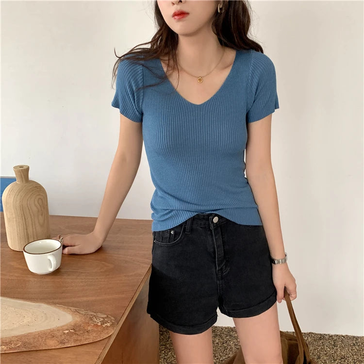 AOSSVIAO 2025 V-neck Solid Thin Summer Pullover Women Sweater Female Knitted Ribbed Sweater Slim Short Sleeve Bodycon Sweater