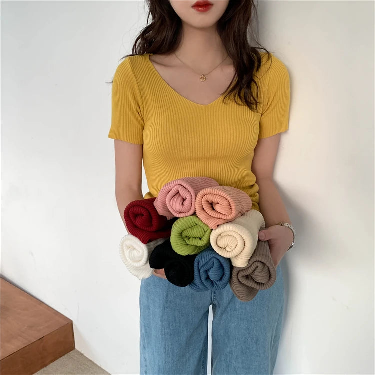 AOSSVIAO 2025 V-neck Solid Thin Summer Pullover Women Sweater Female Knitted Ribbed Sweater Slim Short Sleeve Bodycon Sweater