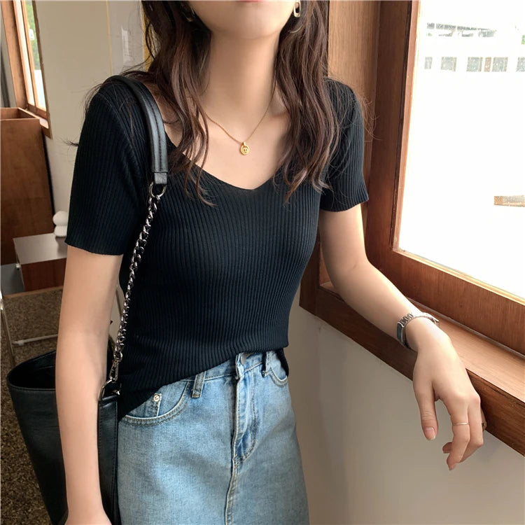 AOSSVIAO 2025 V-neck Solid Thin Summer Pullover Women Sweater Female Knitted Ribbed Sweater Slim Short Sleeve Bodycon Sweater