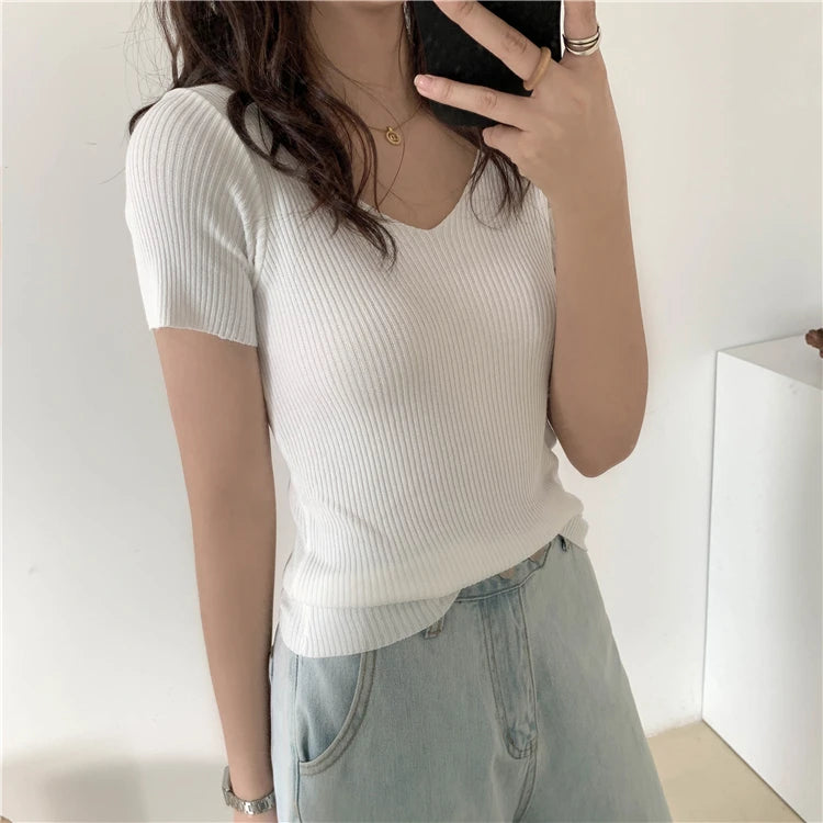 AOSSVIAO 2025 V-neck Solid Thin Summer Pullover Women Sweater Female Knitted Ribbed Sweater Slim Short Sleeve Bodycon Sweater