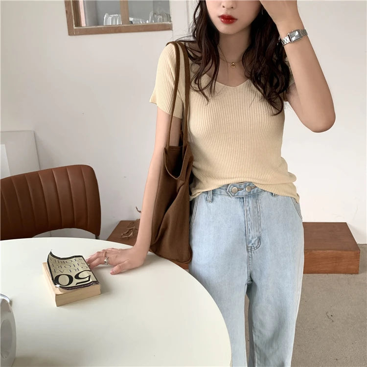AOSSVIAO 2025 V-neck Solid Thin Summer Pullover Women Sweater Female Knitted Ribbed Sweater Slim Short Sleeve Bodycon Sweater