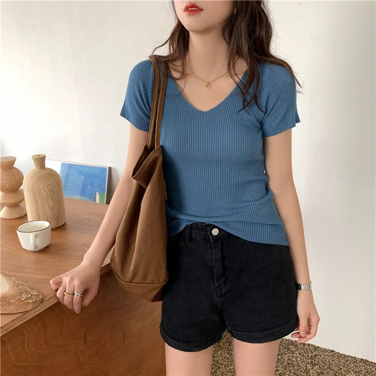 AOSSVIAO 2025 V-neck Solid Thin Summer Pullover Women Sweater Female Knitted Ribbed Sweater Slim Short Sleeve Bodycon Sweater