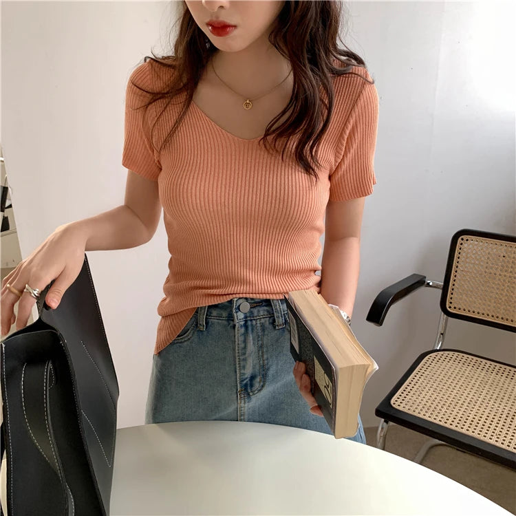 AOSSVIAO 2025 V-neck Solid Thin Summer Pullover Women Sweater Female Knitted Ribbed Sweater Slim Short Sleeve Bodycon Sweater