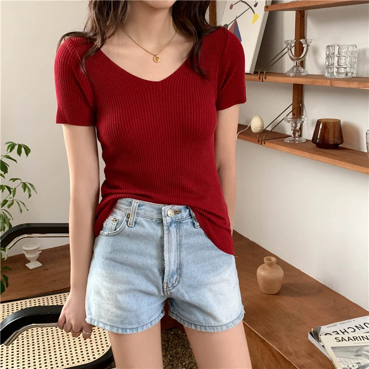 AOSSVIAO 2025 V-neck Solid Thin Summer Pullover Women Sweater Female Knitted Ribbed Sweater Slim Short Sleeve Bodycon Sweater