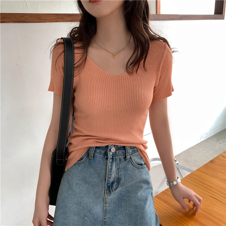 AOSSVIAO 2025 V-neck Solid Thin Summer Pullover Women Sweater Female Knitted Ribbed Sweater Slim Short Sleeve Bodycon Sweater