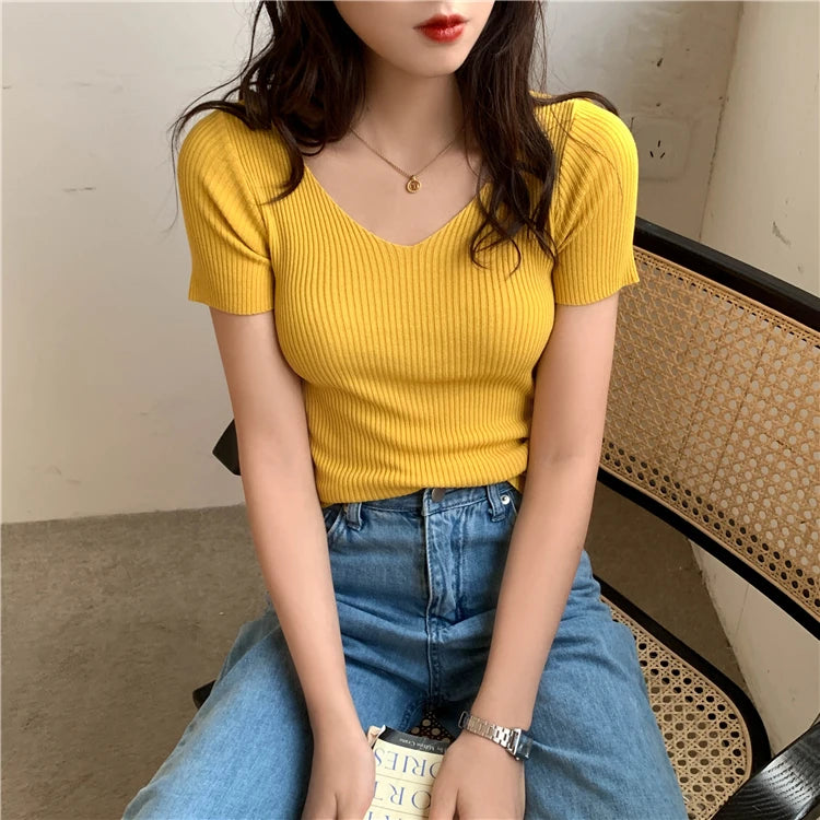 AOSSVIAO 2025 V-neck Solid Thin Summer Pullover Women Sweater Female Knitted Ribbed Sweater Slim Short Sleeve Bodycon Sweater