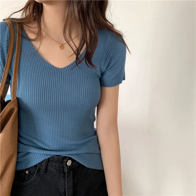 AOSSVIAO 2025 V-neck Solid Thin Summer Pullover Women Sweater Female Knitted Ribbed Sweater Slim Short Sleeve Bodycon Sweater