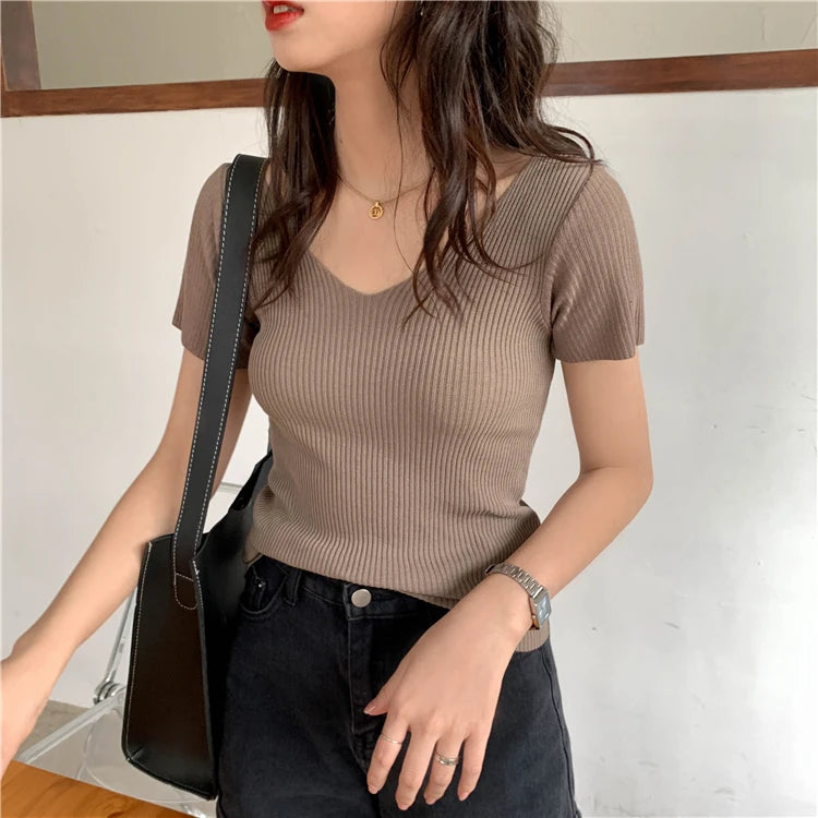 AOSSVIAO 2025 V-neck Solid Thin Summer Pullover Women Sweater Female Knitted Ribbed Sweater Slim Short Sleeve Bodycon Sweater