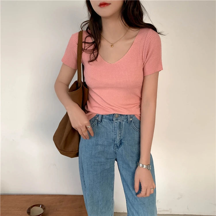 AOSSVIAO 2025 V-neck Solid Thin Summer Pullover Women Sweater Female Knitted Ribbed Sweater Slim Short Sleeve Bodycon Sweater