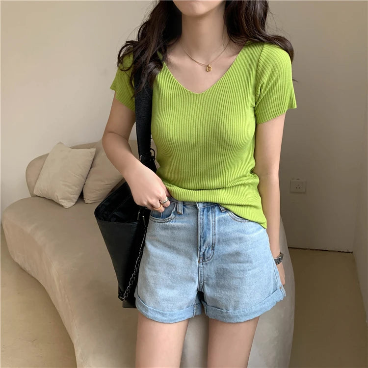 AOSSVIAO 2025 V-neck Solid Thin Summer Pullover Women Sweater Female Knitted Ribbed Sweater Slim Short Sleeve Bodycon Sweater