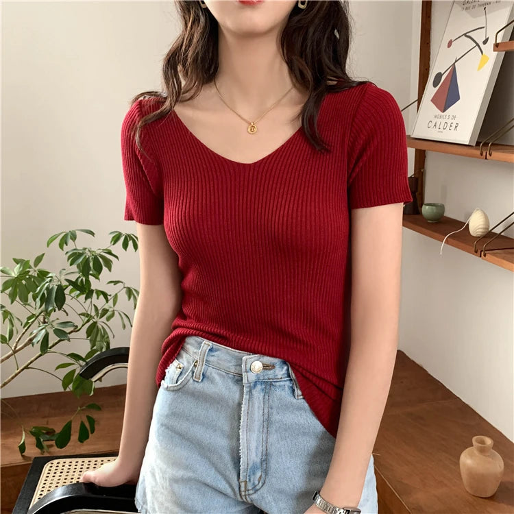 AOSSVIAO 2025 V-neck Solid Thin Summer Pullover Women Sweater Female Knitted Ribbed Sweater Slim Short Sleeve Bodycon Sweater