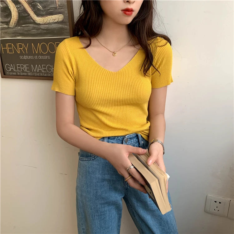 AOSSVIAO 2025 V-neck Solid Thin Summer Pullover Women Sweater Female Knitted Ribbed Sweater Slim Short Sleeve Bodycon Sweater