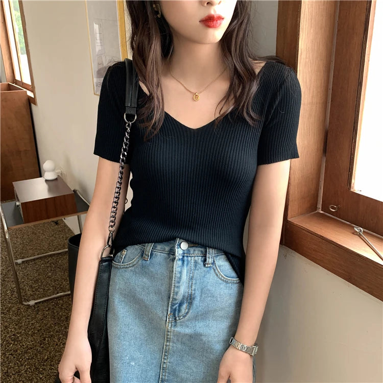 AOSSVIAO 2025 V-neck Solid Thin Summer Pullover Women Sweater Female Knitted Ribbed Sweater Slim Short Sleeve Bodycon Sweater