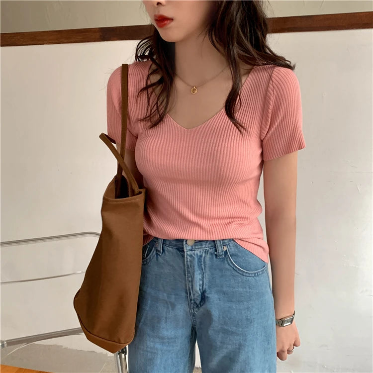 AOSSVIAO 2025 V-neck Solid Thin Summer Pullover Women Sweater Female Knitted Ribbed Sweater Slim Short Sleeve Bodycon Sweater