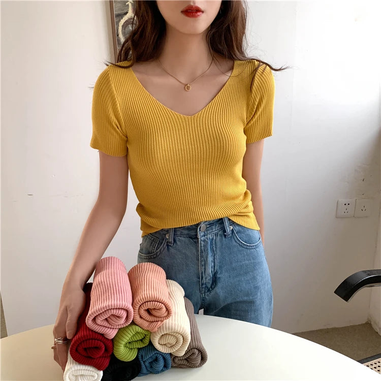 AOSSVIAO 2025 V-neck Solid Thin Summer Pullover Women Sweater Female Knitted Ribbed Sweater Slim Short Sleeve Bodycon Sweater