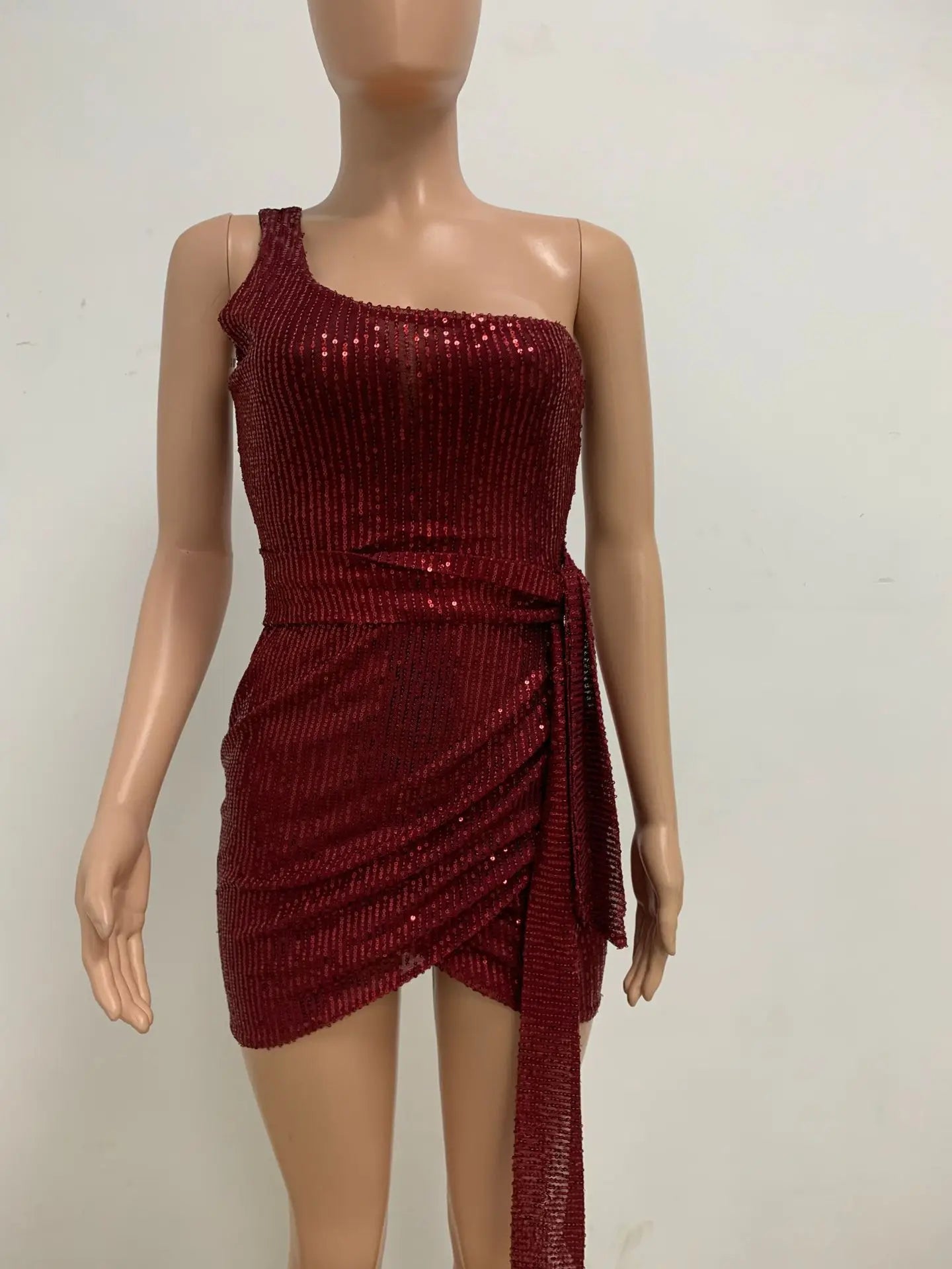 One Shoulder Pleated Sequin Dress