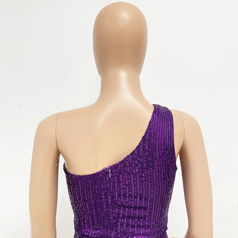 One Shoulder Pleated Sequin Dress