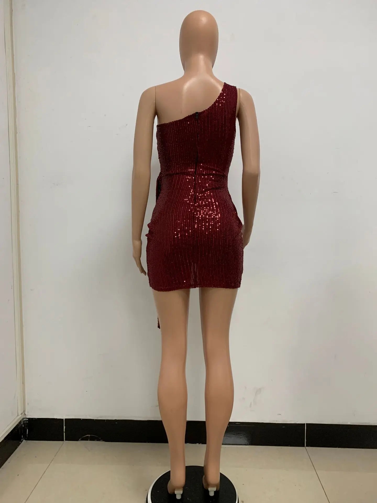 One Shoulder Pleated Sequin Dress