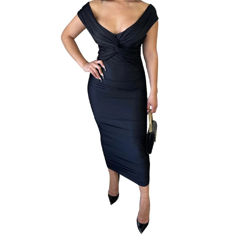 V-Neck Pleated Off Shoulder Dress