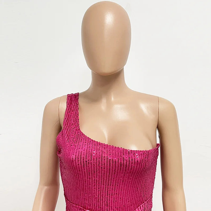 One Shoulder Pleated Sequin Dress