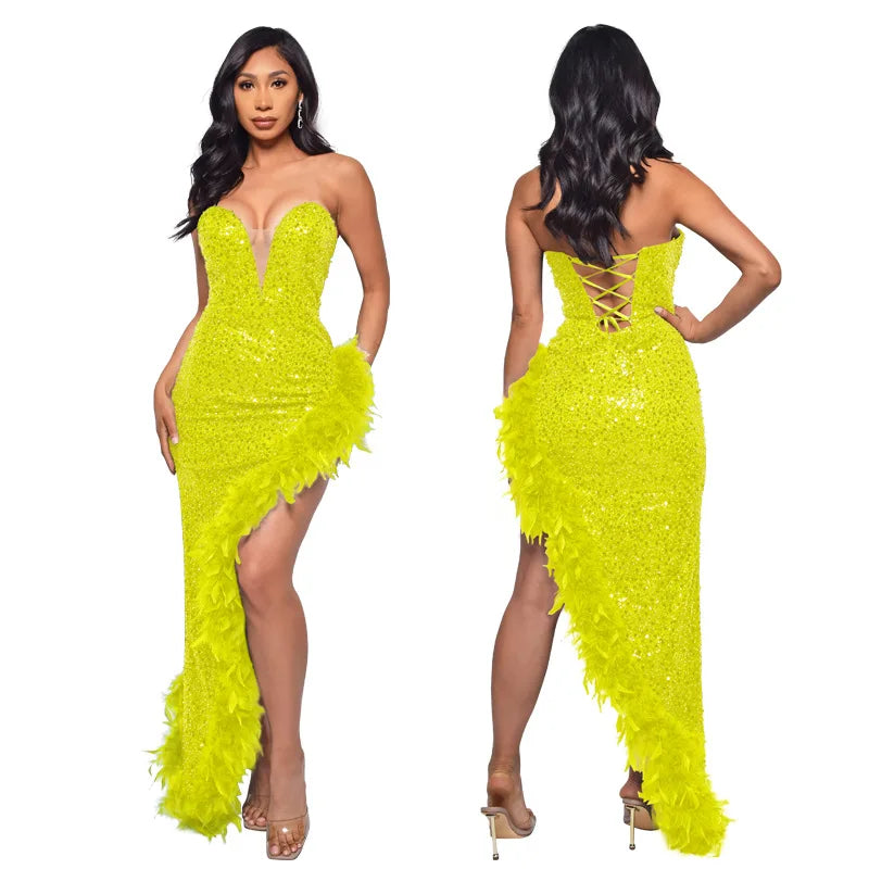 Sequin Feather Evening Gown