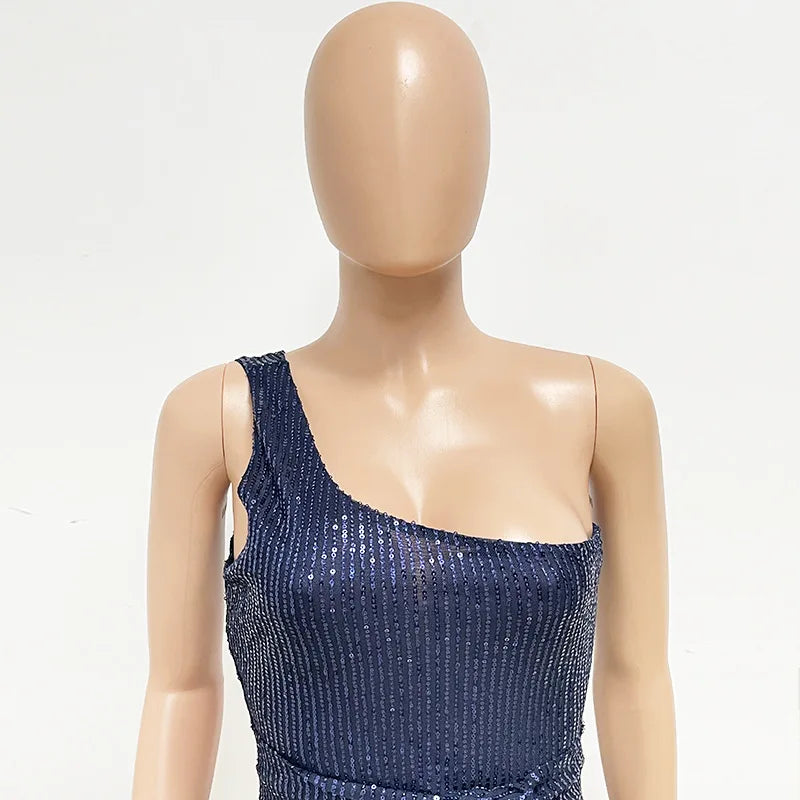 One Shoulder Pleated Sequin Dress