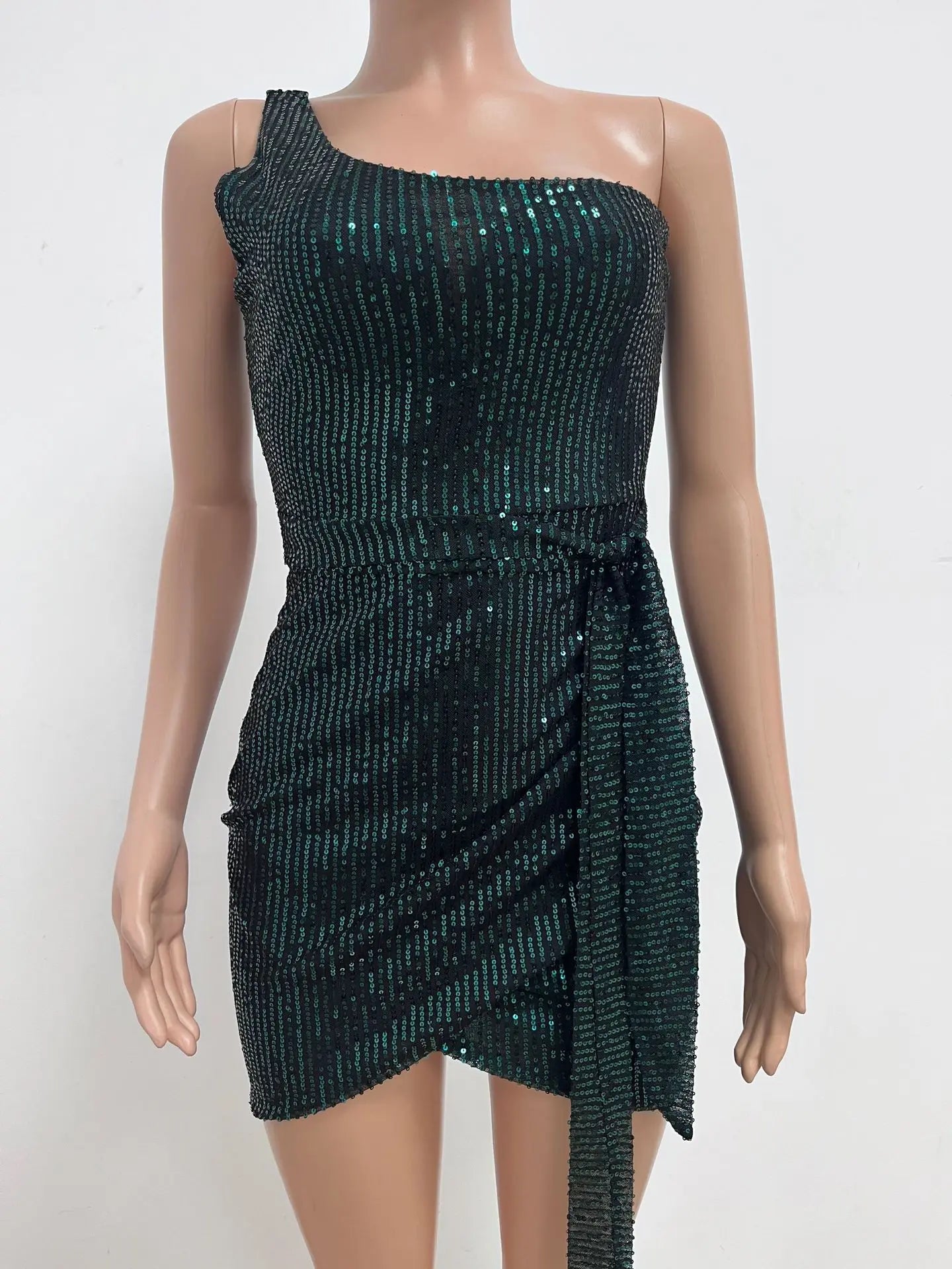 One Shoulder Pleated Sequin Dress