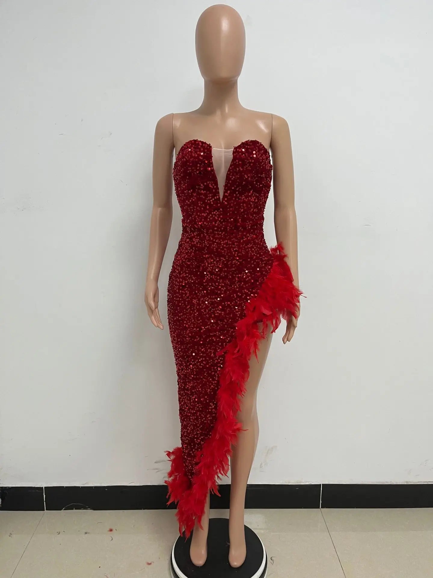 Sequin Feather Evening Gown