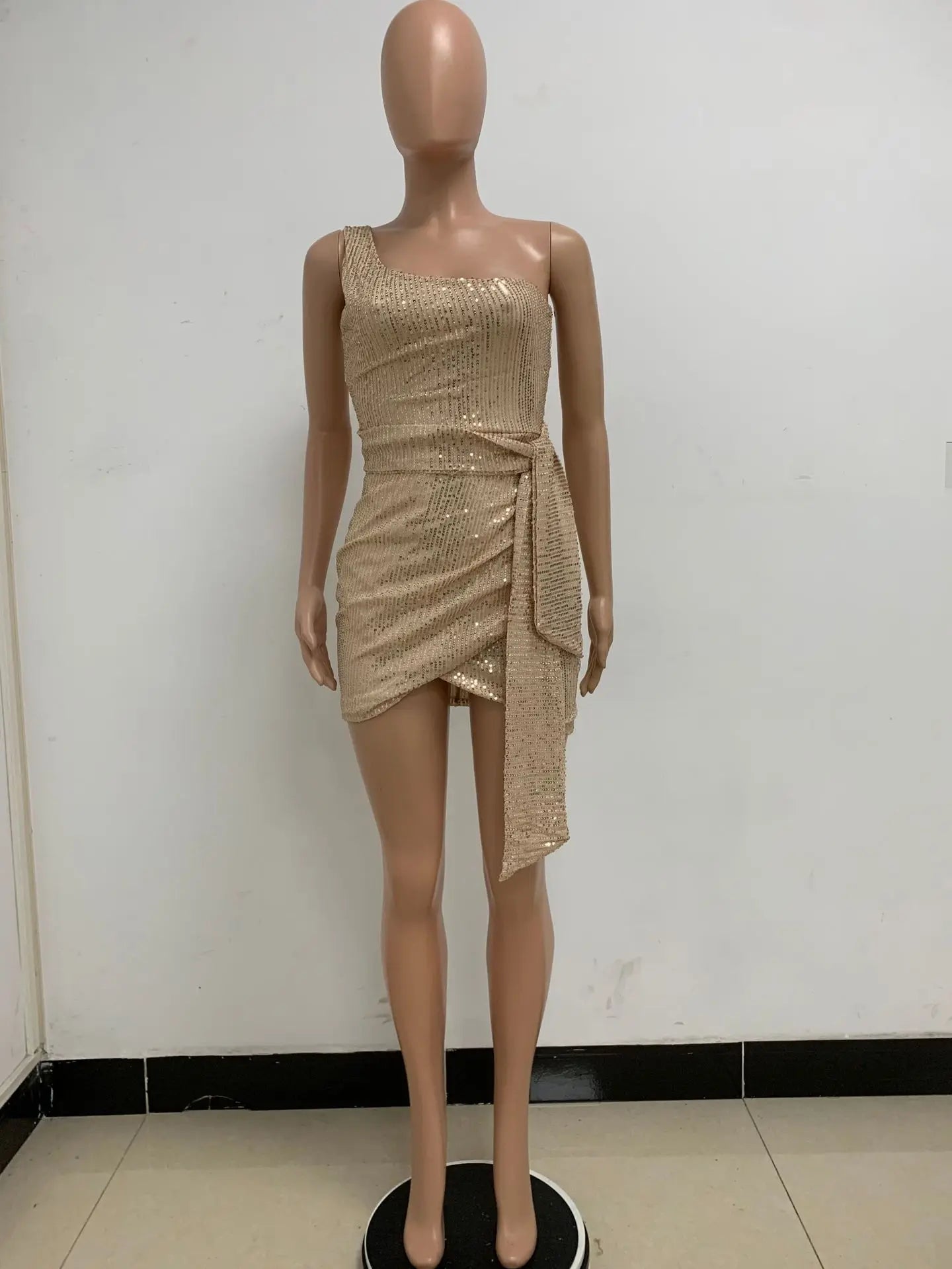 One Shoulder Pleated Sequin Dress