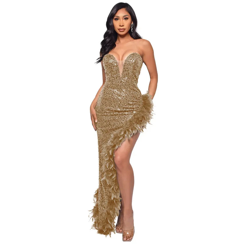 Sequin Feather Evening Gown