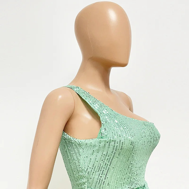 One Shoulder Pleated Sequin Dress