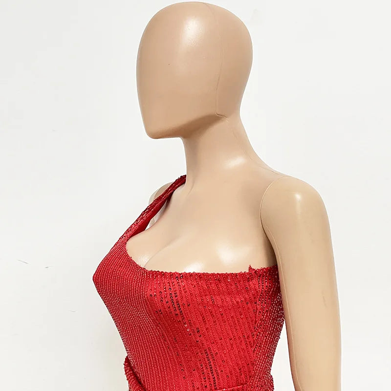 One Shoulder Pleated Sequin Dress