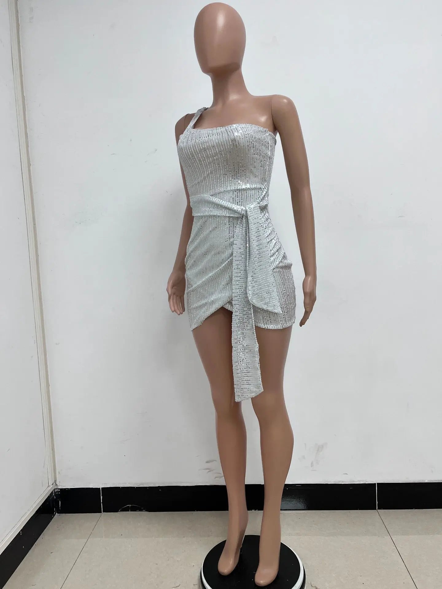 One Shoulder Pleated Sequin Dress