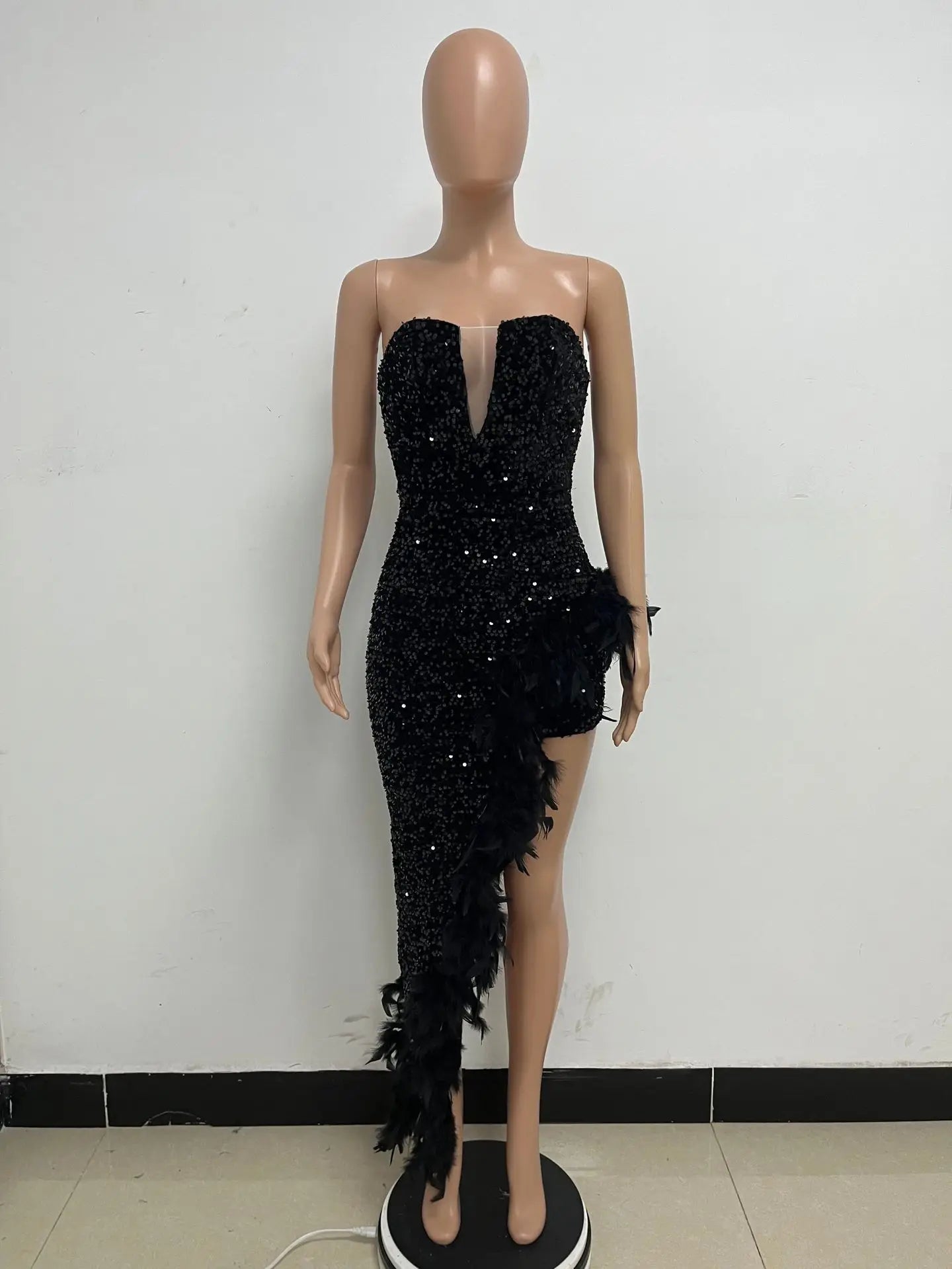 Sequin Feather Evening Gown