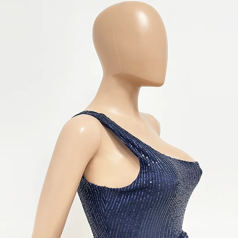 One Shoulder Pleated Sequin Dress