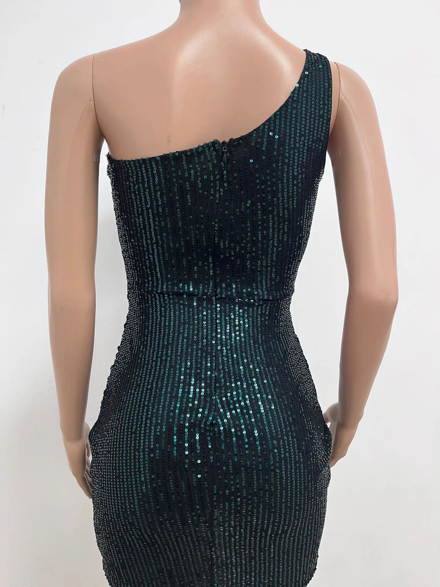 One Shoulder Pleated Sequin Dress