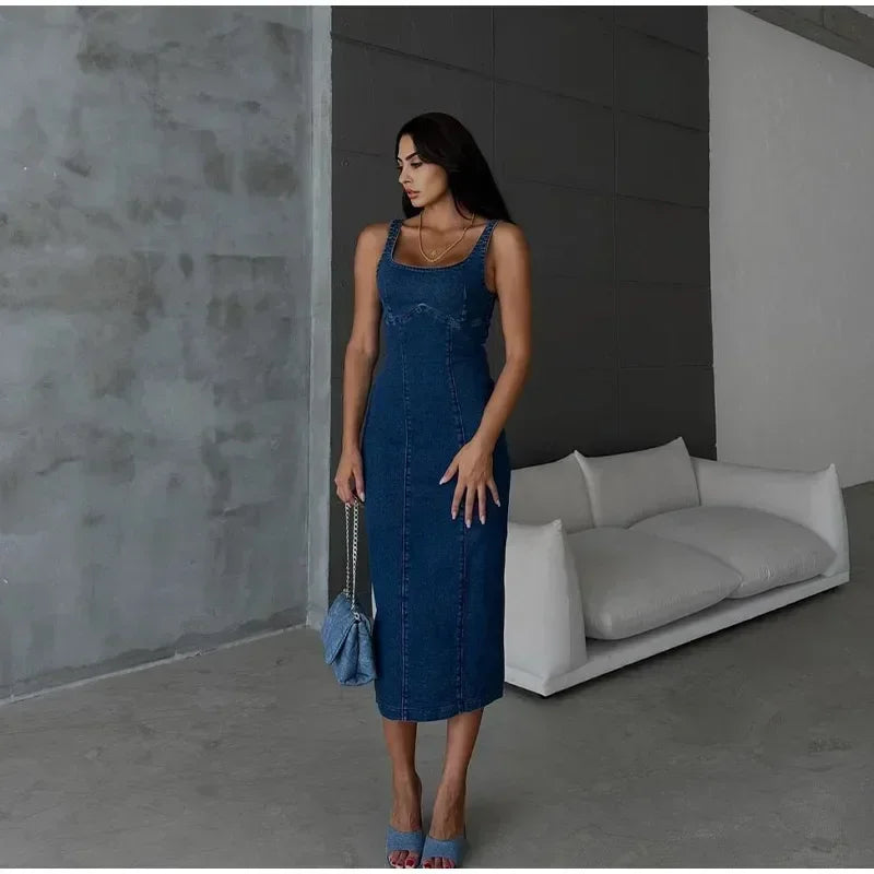 Retro Denim Maxi Dress