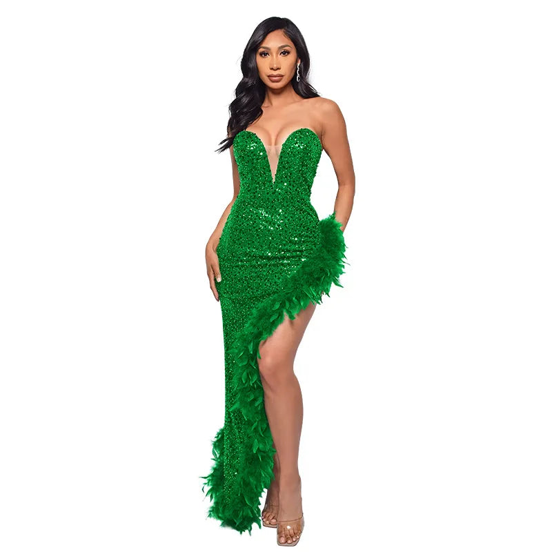Sequin Feather Evening Gown