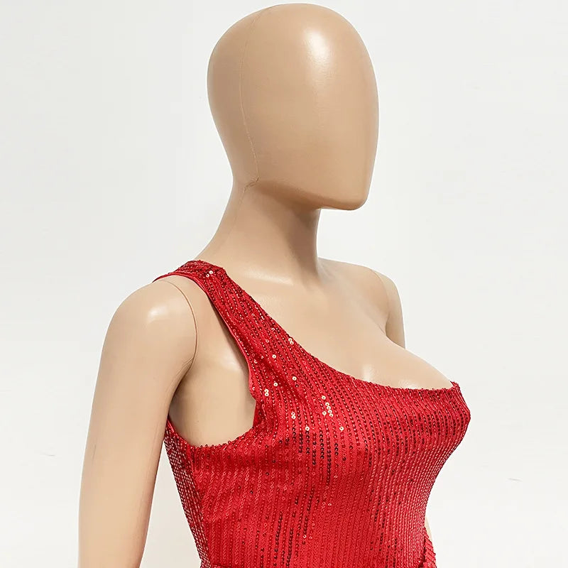 One Shoulder Pleated Sequin Dress