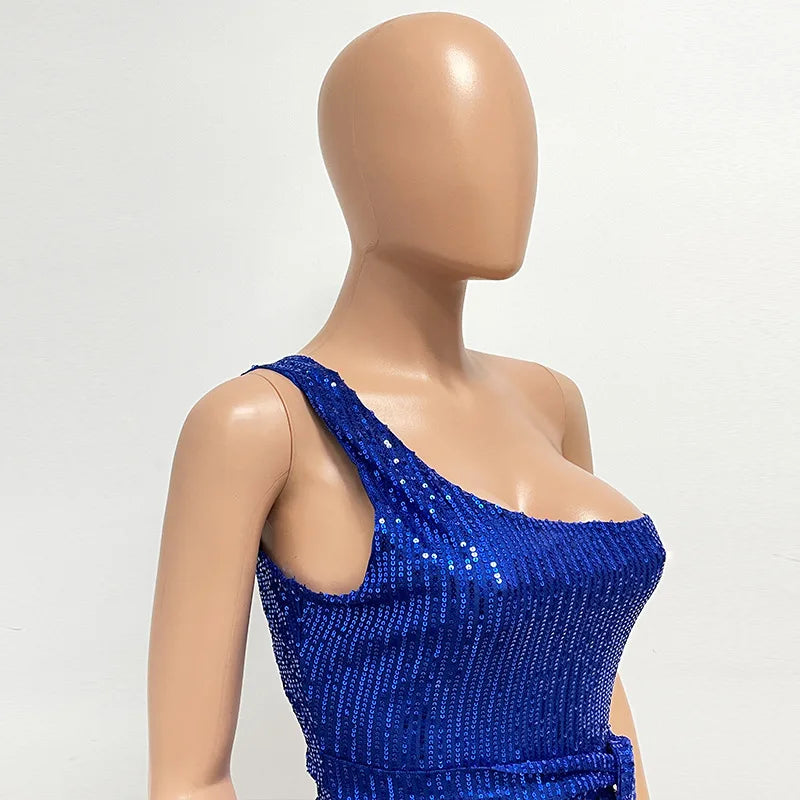 One Shoulder Pleated Sequin Dress