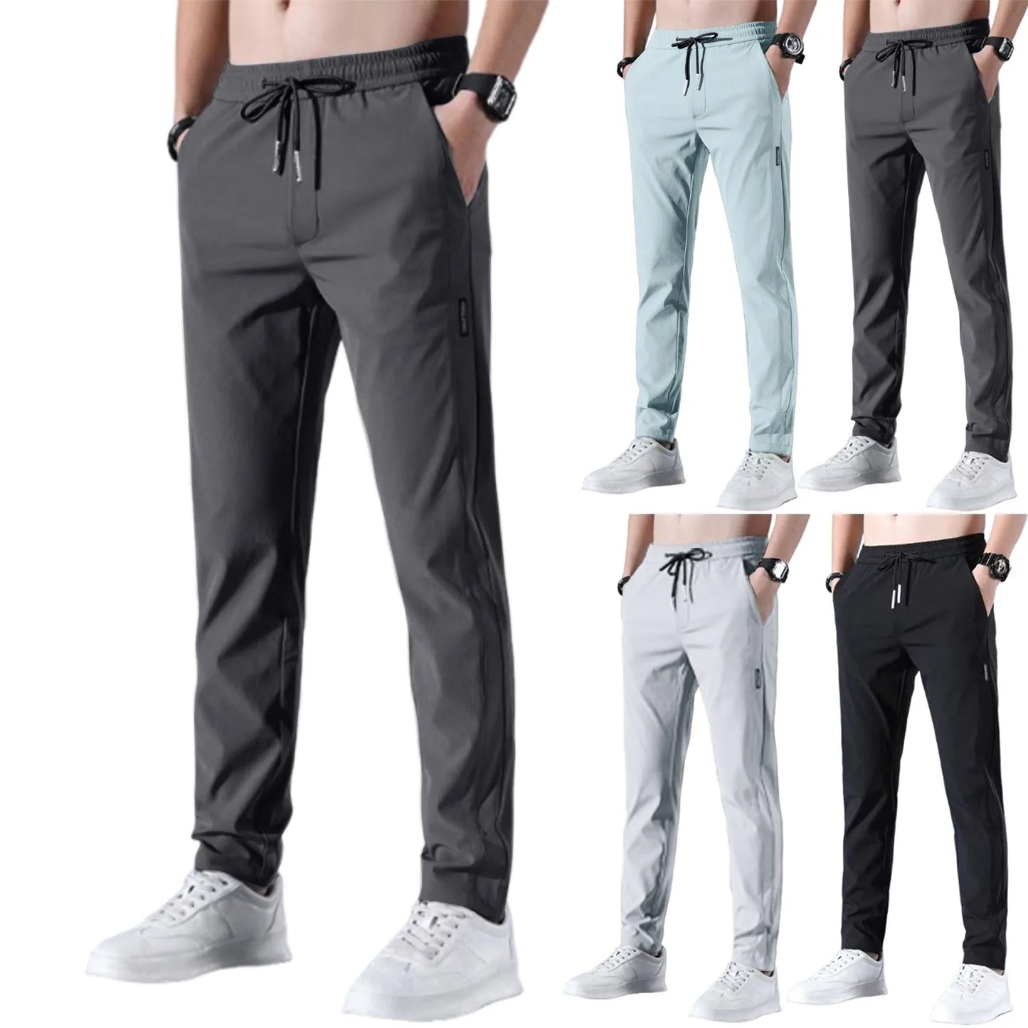Men Fast Dry Stretch Pants Ice Silk Trousers Solid Color Mid-Waist Loose Breathable Straight-Leg Casual Pants Thin Sports Pants
