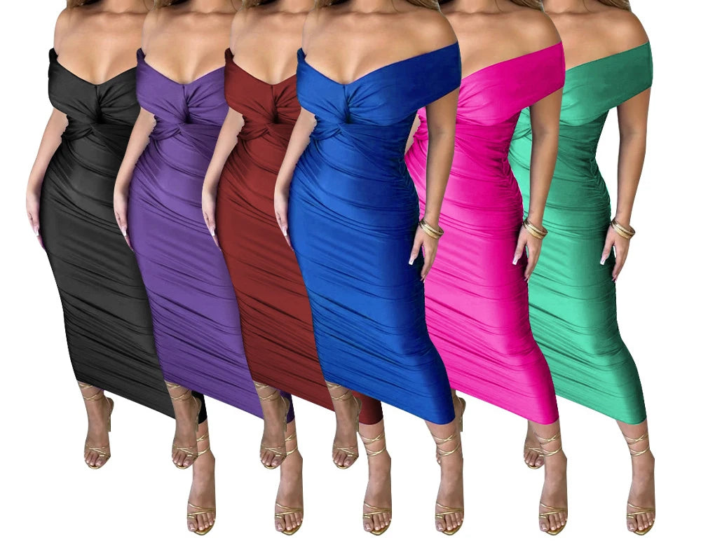 V-Neck Pleated Off Shoulder Dress